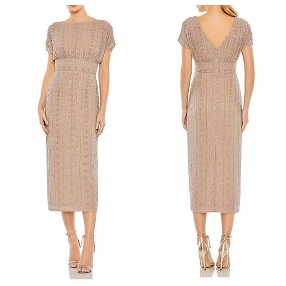 Mac Duggal Dresses & Skirts - Mac Duggal Beaded Chiffon Short Sleeve Boat Neck Sheath Midi Dress Sz 6